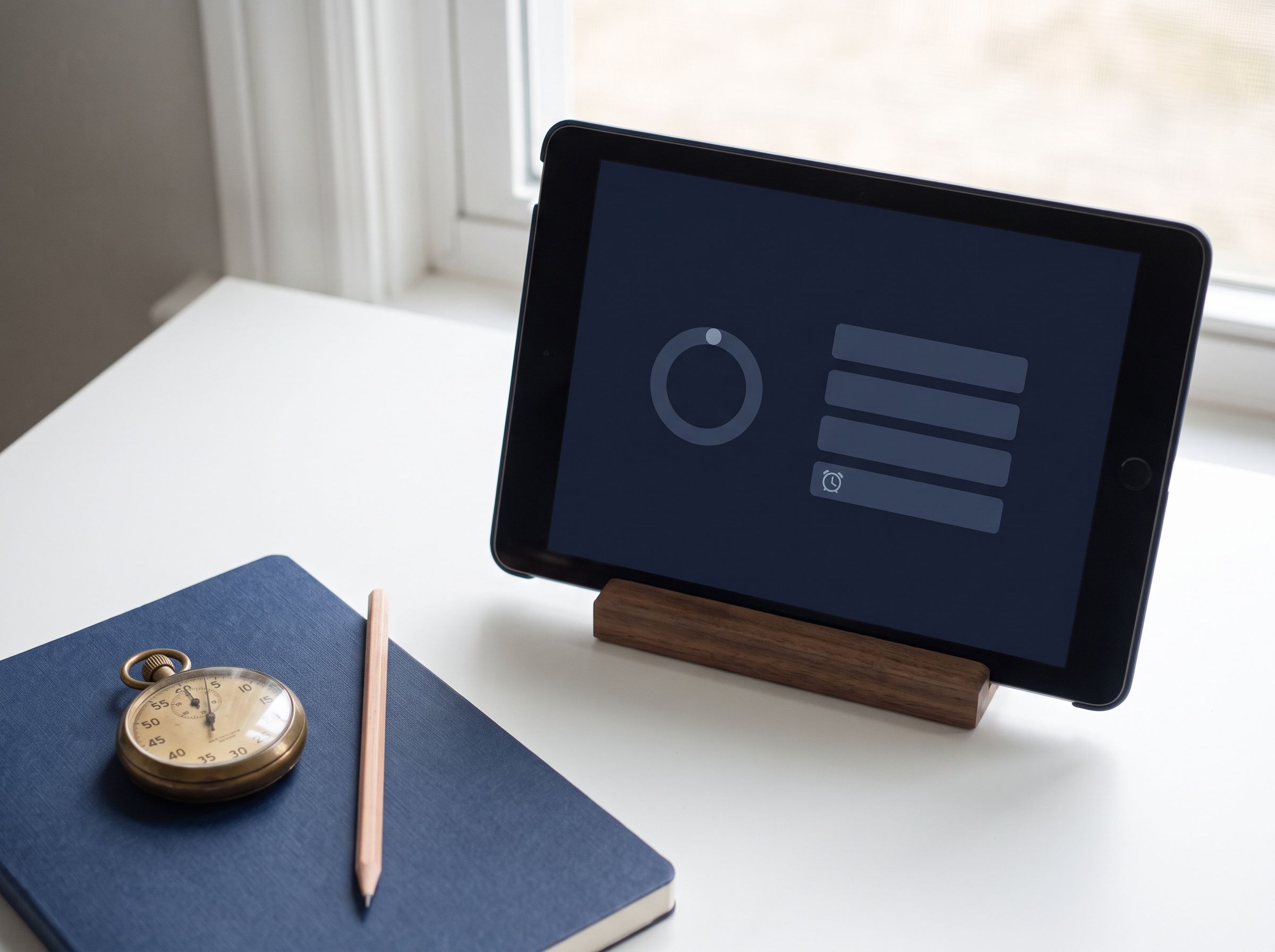A tablet showing the full-length mock exam: a multiple-choice question, the running timer, and the question counter